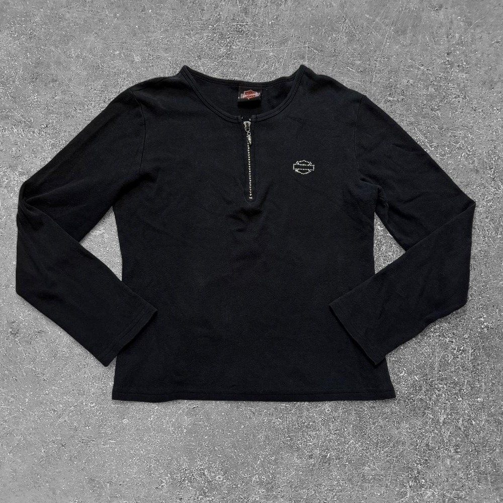 Harley Davidson Womens Black Long Sleeve Quarter Zip Rhinestone Logo Shirt L